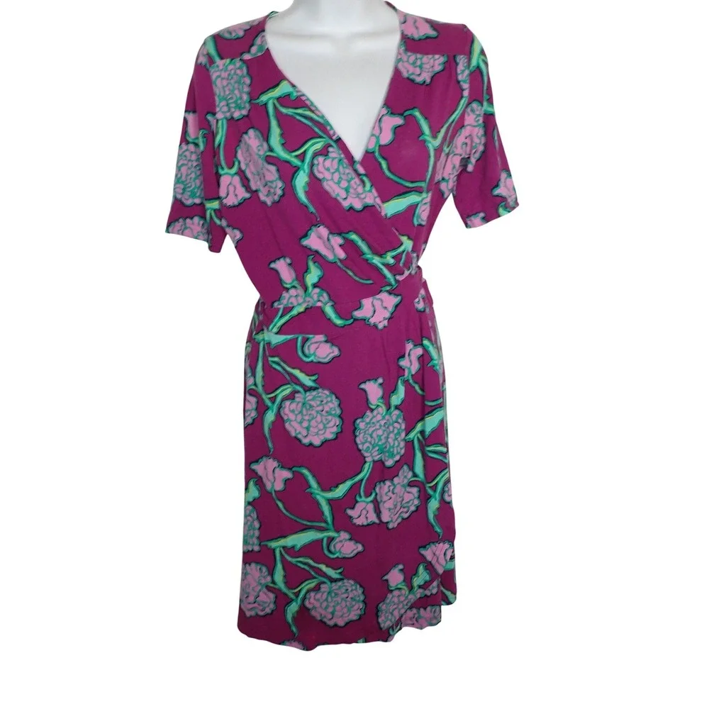 Lilly Pulitzer Womens Floral Faux Wrap Dress Pink Green V-Neck Short Sleeve XS